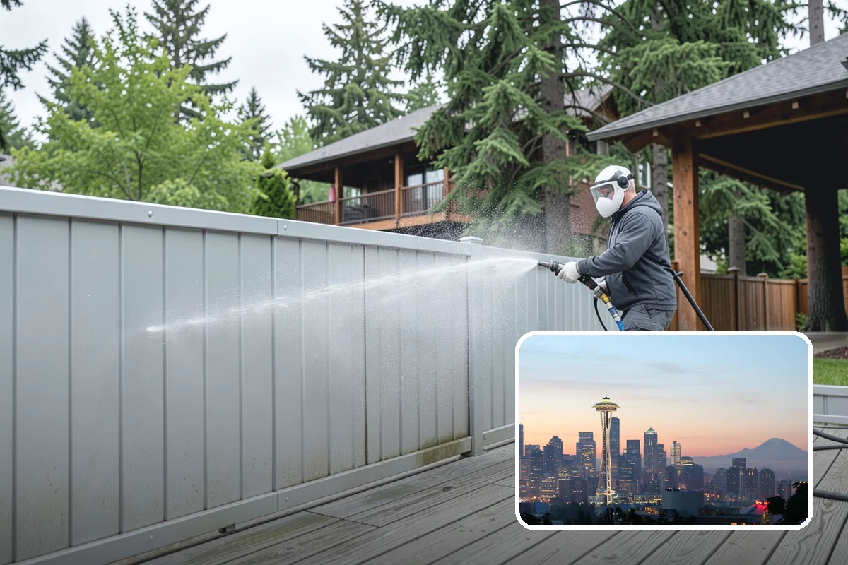 Vinyl Fence Cleaning in Seattle, King County, WA - Strips the green algae layer that clings to non-porous vinyl