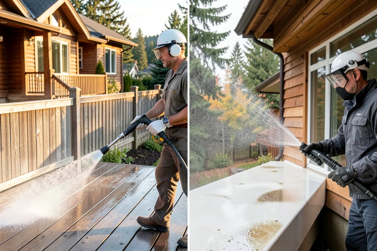 Vinyl Fence Cleaning in Seattle, King County, WA - Rinse loose debris from panels and post caps