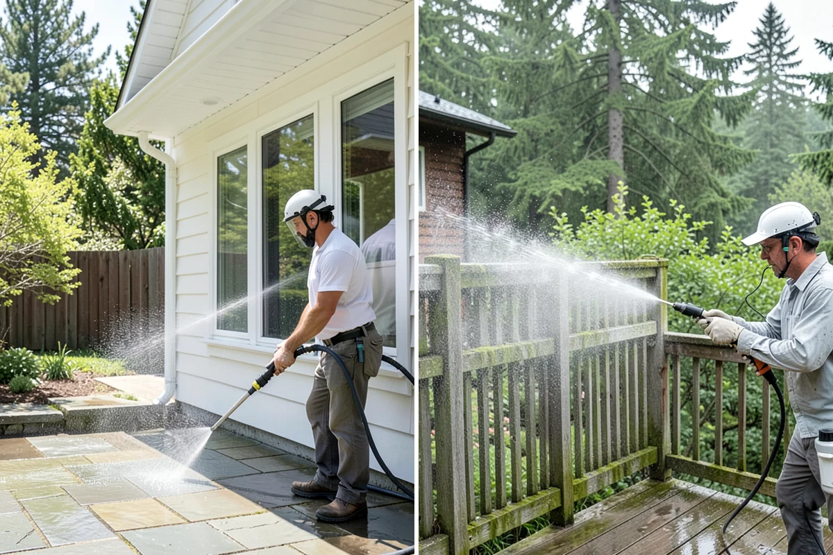 Vinyl Fence Cleaning in Shoreline, King County, WA - Rinse loose debris from panels and post caps