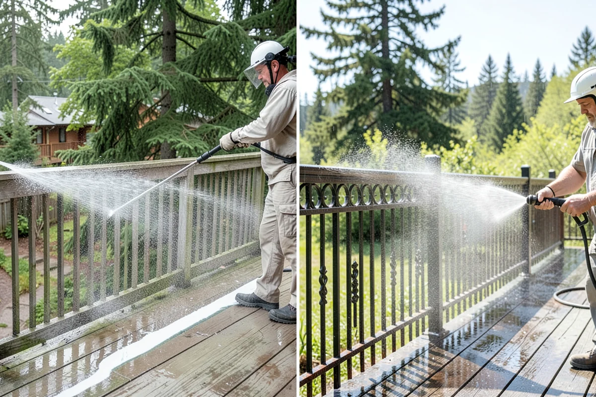Vinyl Fence Cleaning in Snoqualmie, King County, WA - Rinse loose debris from panels and post caps