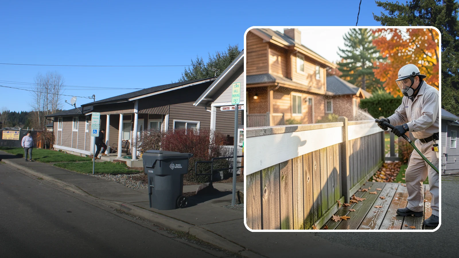 Vinyl Fence Cleaning in South Prairie, Pierce County, WA - A soft-wash treatment that erases the green algae mask vinyl fencing collects in our wet, low-sun months.