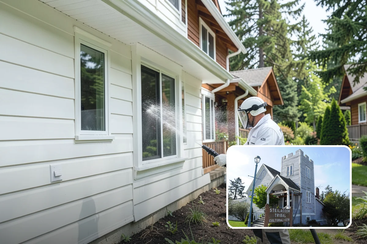 Vinyl Fence Cleaning in Steilacoom, Pierce County, WA - Strips the green algae layer that clings to non-porous vinyl