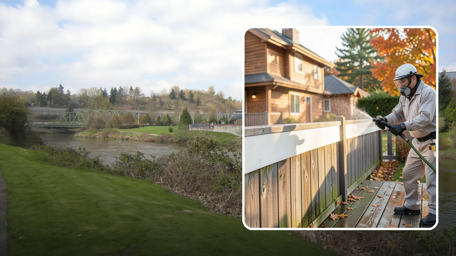 Vinyl Fence Cleaning in Tukwila, King County, WA - A soft-wash treatment that erases the green algae mask vinyl fencing collects in our wet, low-sun months.