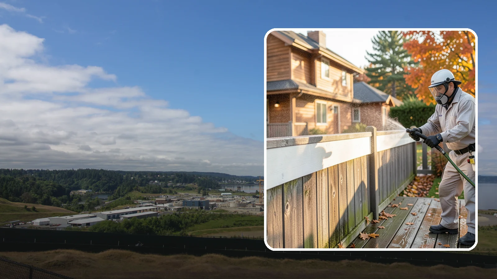 Vinyl Fence Cleaning in University Place, Pierce County, WA - A soft-wash treatment that erases the green algae mask vinyl fencing collects in our wet, low-sun months.