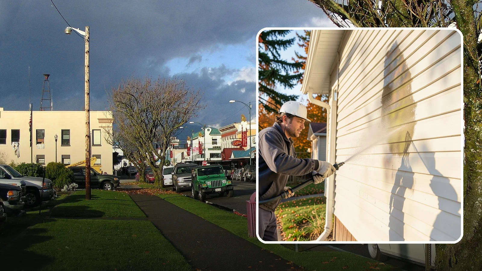 Vinyl Siding Washing in Arlington, Snohomish County, WA - Vinyl siding washing clears the chalky oxidation and green algae streaks that our wet climate leaves on panel seams and shaded...