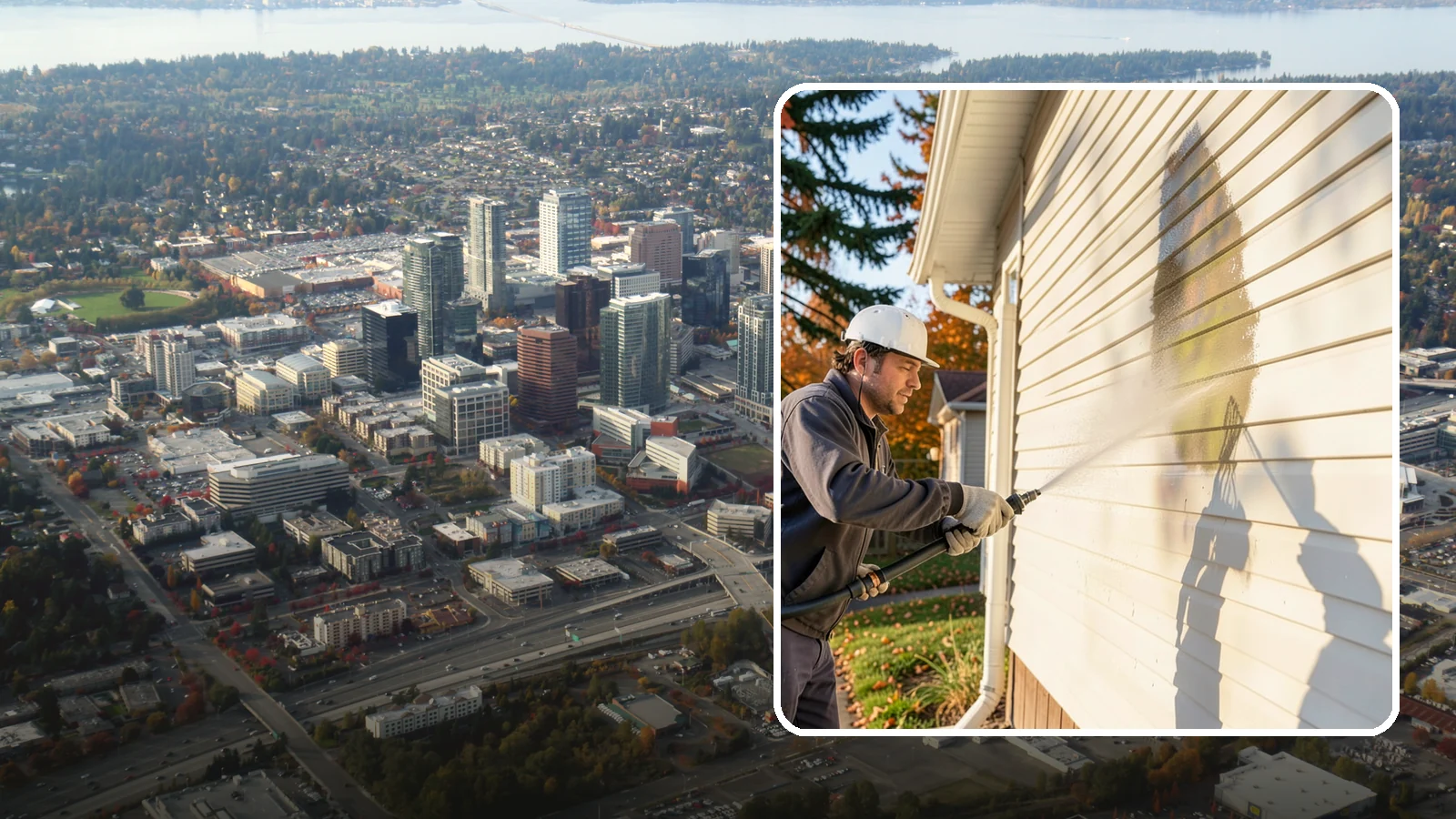 Vinyl Siding Washing in Bellevue, King County, WA - Vinyl siding washing clears the chalky oxidation and green algae streaks that our wet climate leaves on panel seams and shaded...
