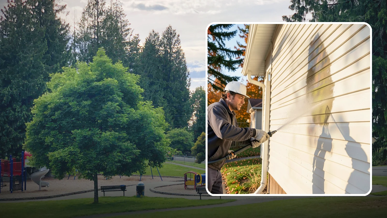 Vinyl Siding Washing in Bonney Lake, Pierce County, WA - Vinyl siding washing clears the chalky oxidation and green algae streaks that our wet climate leaves on panel seams and shaded...