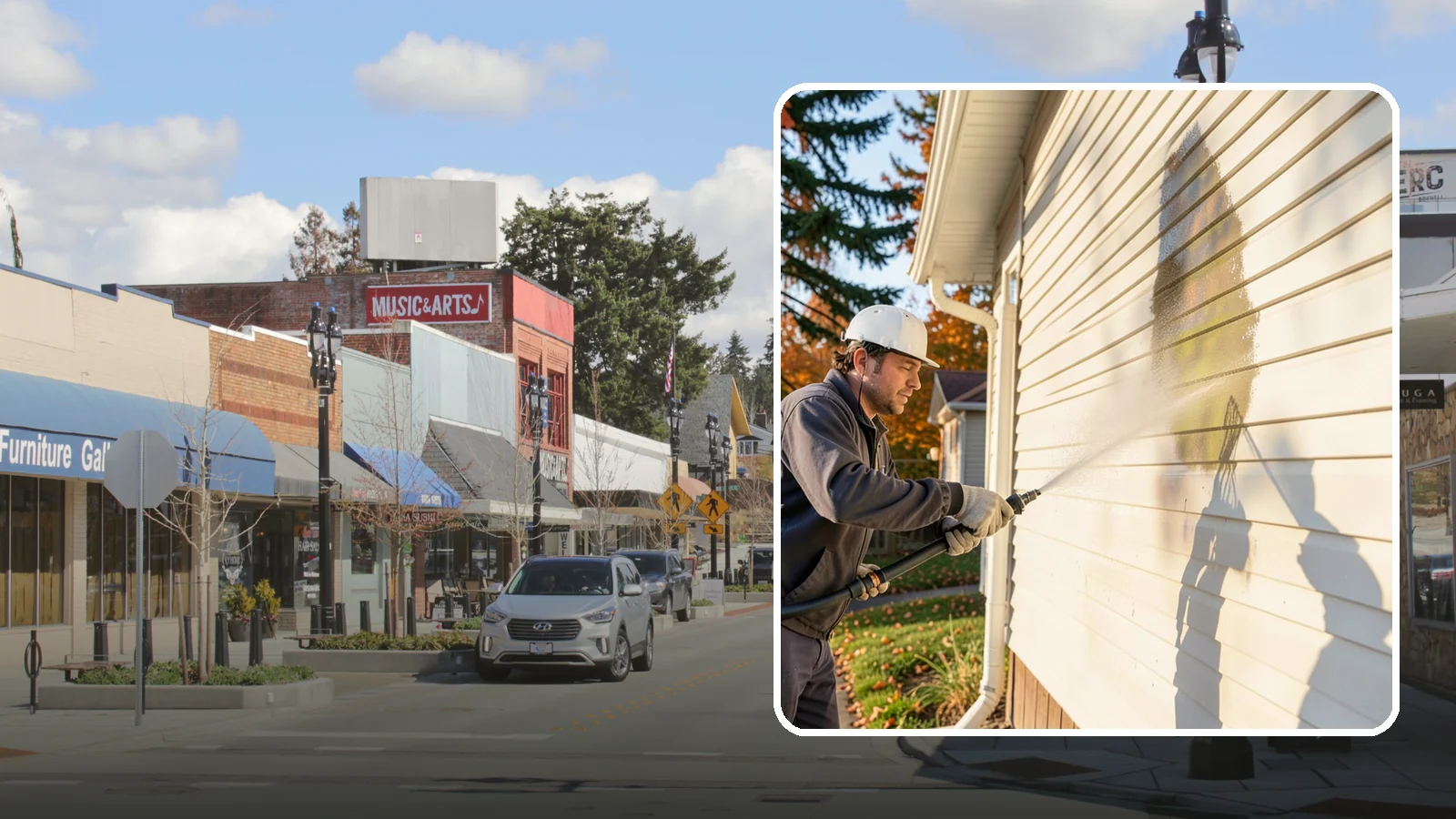 Vinyl Siding Washing in Bothell, King County, WA - Vinyl siding washing clears the chalky oxidation and green algae streaks that our wet climate leaves on panel seams and shaded...