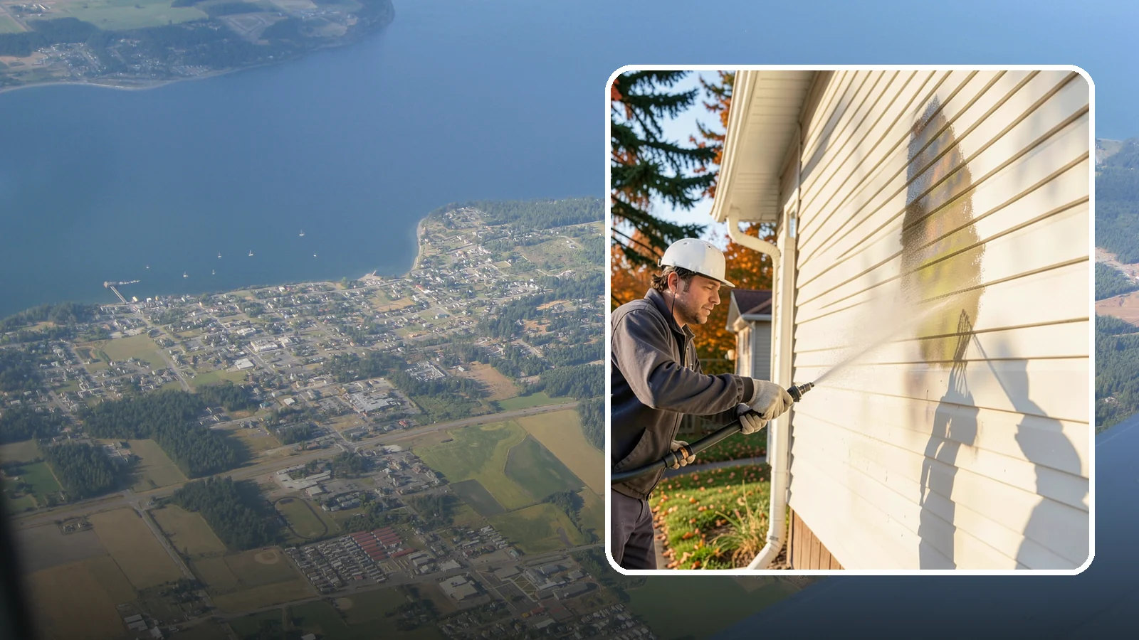 Vinyl Siding Washing in Coupeville, Island County, WA - Vinyl siding washing clears the chalky oxidation and green algae streaks that our wet climate leaves on panel seams and shaded...