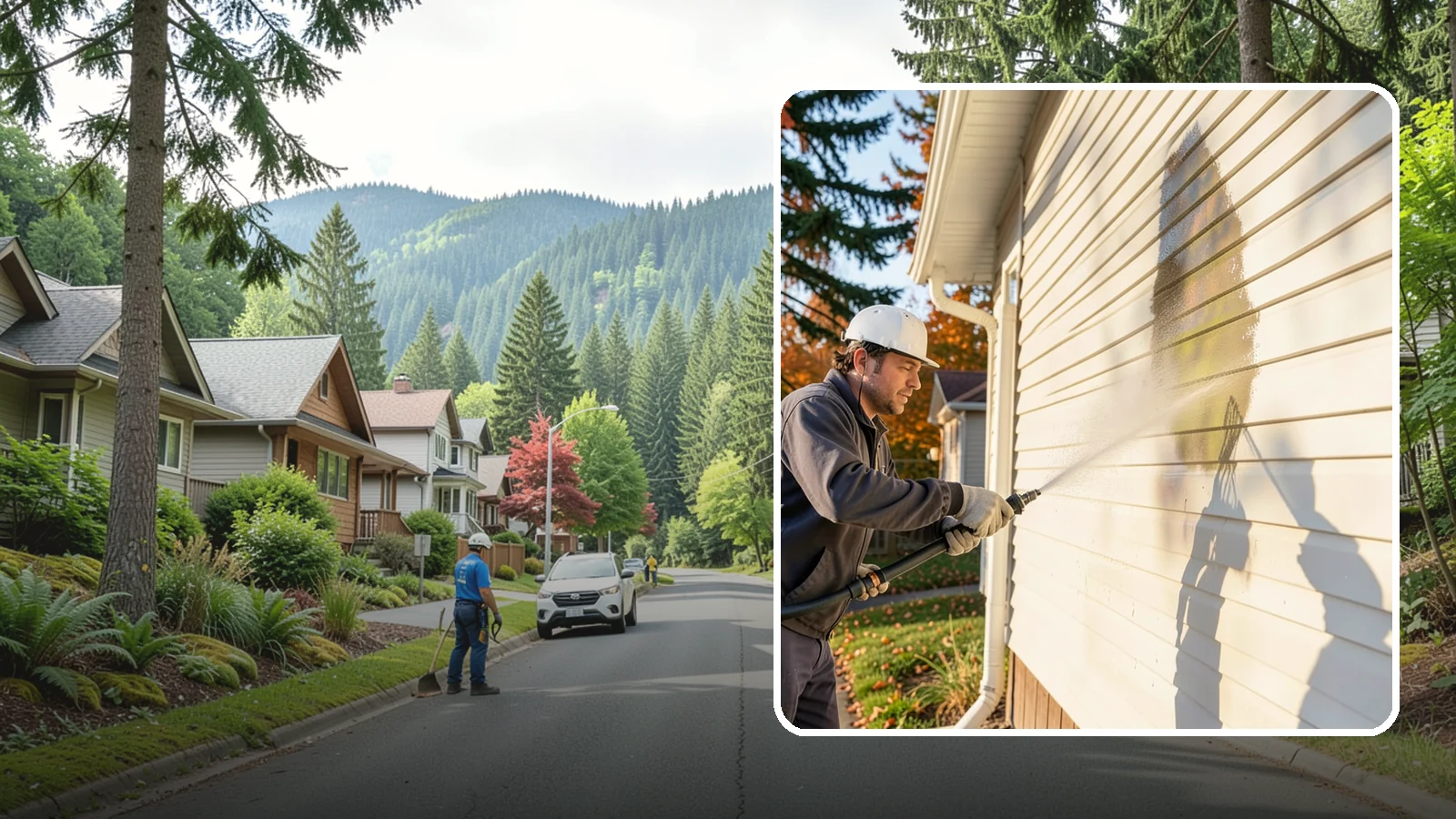 Vinyl Siding Washing in Darrington, Snohomish County, WA - Vinyl siding washing clears the chalky oxidation and green algae streaks that our wet climate leaves on panel seams and shaded...
