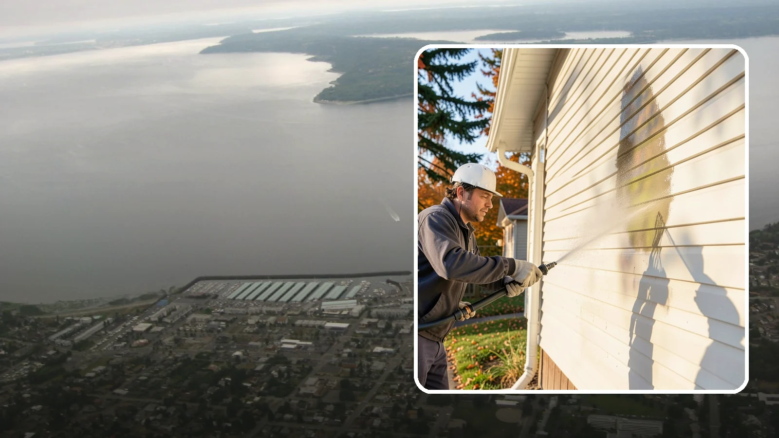 Vinyl Siding Washing in Des Moines, King County, WA - Vinyl siding washing clears the chalky oxidation and green algae streaks that our wet climate leaves on panel seams and shaded...