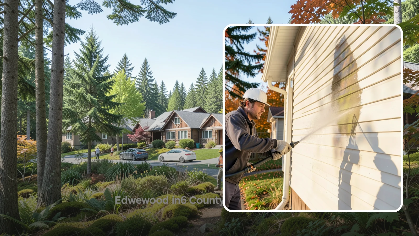 Vinyl Siding Washing in Edgewood, Pierce County, WA - Vinyl siding washing clears the chalky oxidation and green algae streaks that our wet climate leaves on panel seams and shaded...