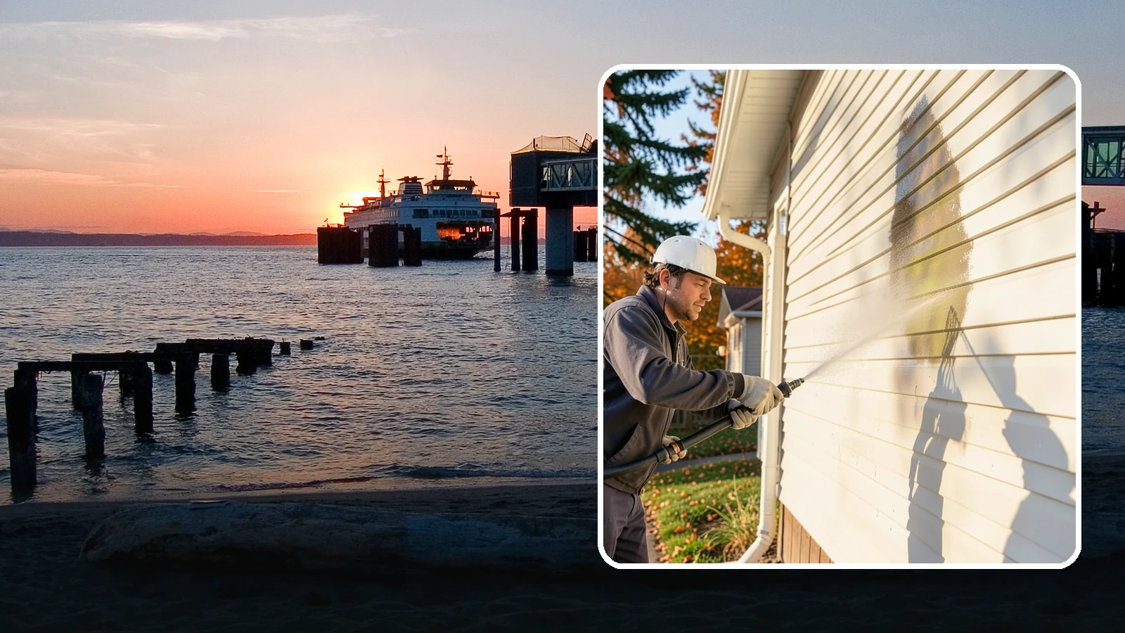 Vinyl Siding Washing in Edmonds, Snohomish County, WA - Vinyl siding washing clears the chalky oxidation and green algae streaks that our wet climate leaves on panel seams and shaded...