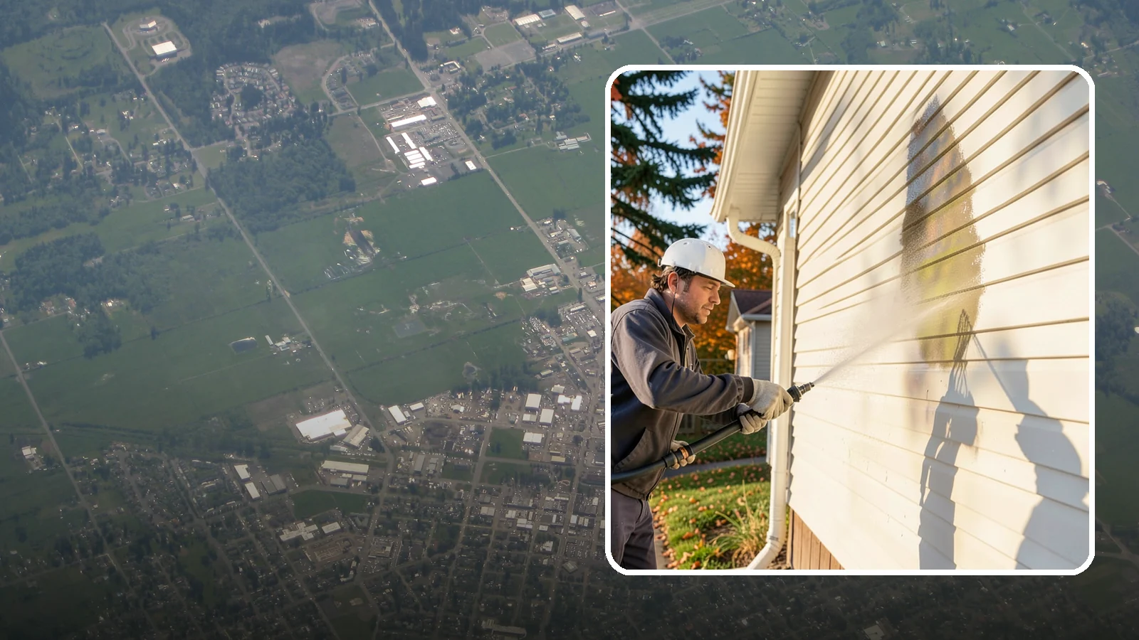 Vinyl Siding Washing in Enumclaw, King County, WA - Vinyl siding washing clears the chalky oxidation and green algae streaks that our wet climate leaves on panel seams and shaded...