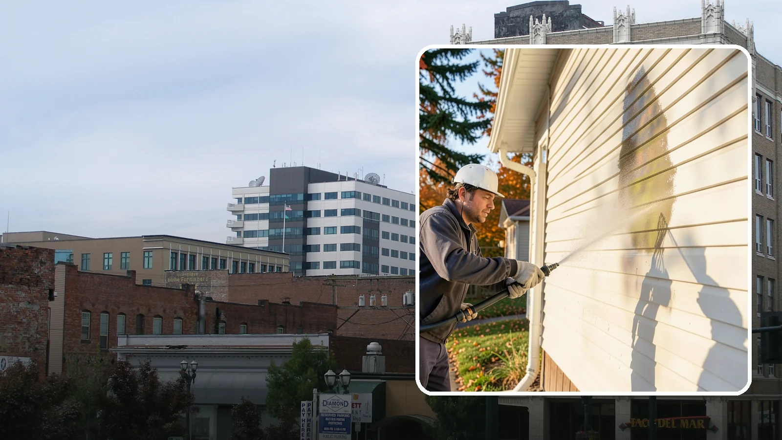 Vinyl Siding Washing in Everett, Snohomish County, WA - Vinyl siding washing clears the chalky oxidation and green algae streaks that our wet climate leaves on panel seams and shaded...