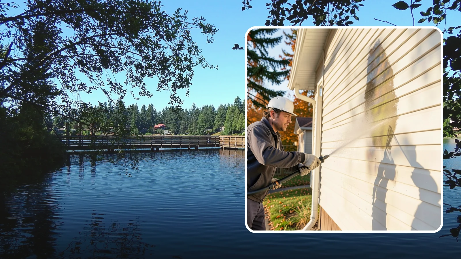 Vinyl Siding Washing in Federal Way, King County, WA - Vinyl siding washing clears the chalky oxidation and green algae streaks that our wet climate leaves on panel seams and shaded...