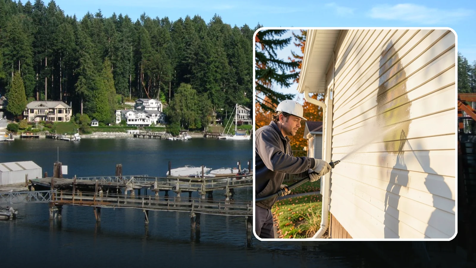 Vinyl Siding Washing in Gig Harbor, Pierce County, WA - Vinyl siding washing clears the chalky oxidation and green algae streaks that our wet climate leaves on panel seams and shaded...