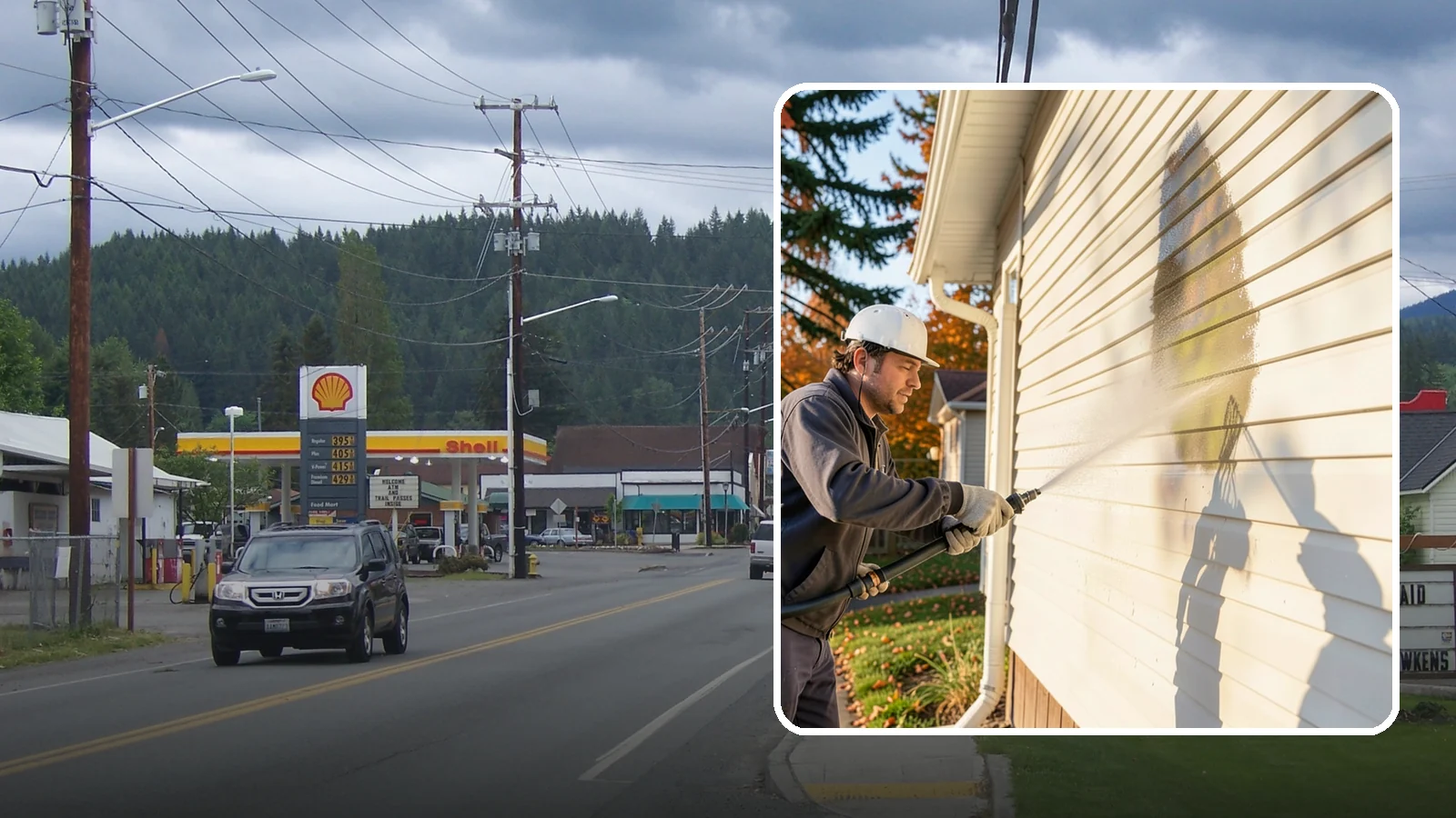 Vinyl Siding Washing in Granite Falls, Snohomish County, WA - Vinyl siding washing clears the chalky oxidation and green algae streaks that our wet climate leaves on panel seams and shaded...