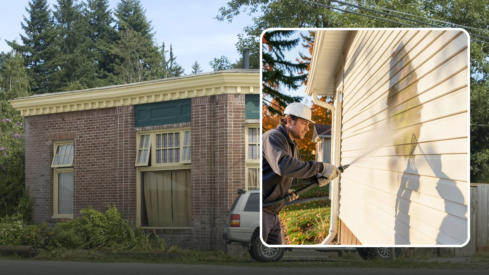 Vinyl Siding Washing in Hamilton, Skagit County, WA - Vinyl siding washing clears the chalky oxidation and green algae streaks that our wet climate leaves on panel seams and shaded...