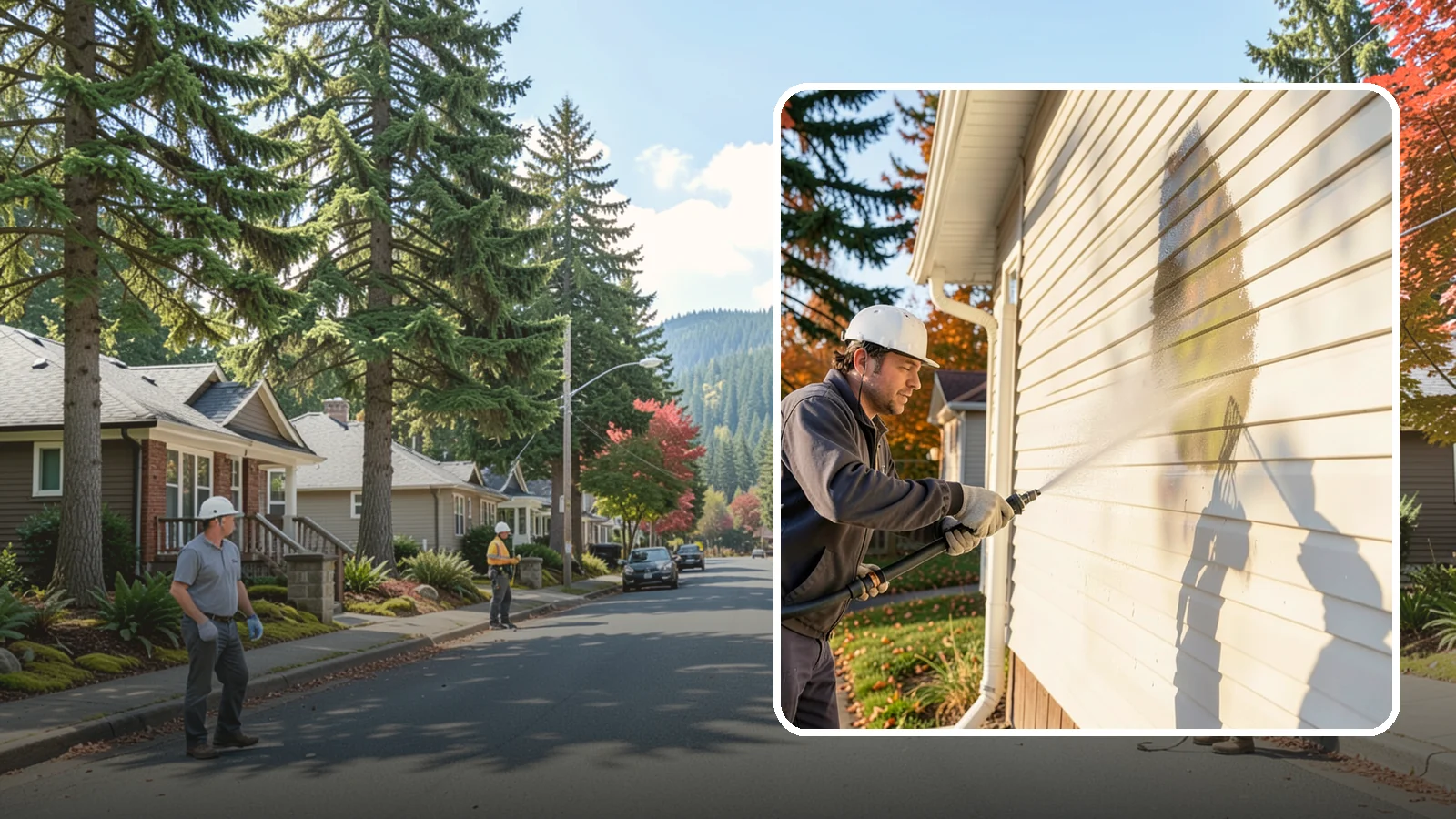 Vinyl Siding Washing in Hunts Point, King County, WA - Vinyl siding washing clears the chalky oxidation and green algae streaks that our wet climate leaves on panel seams and shaded...