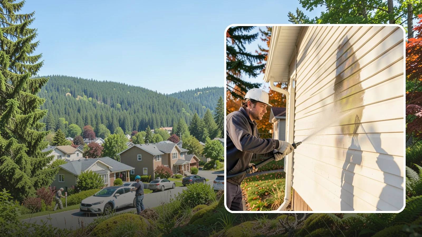 Vinyl Siding Washing in Index, Snohomish County, WA - Vinyl siding washing clears the chalky oxidation and green algae streaks that our wet climate leaves on panel seams and shaded...