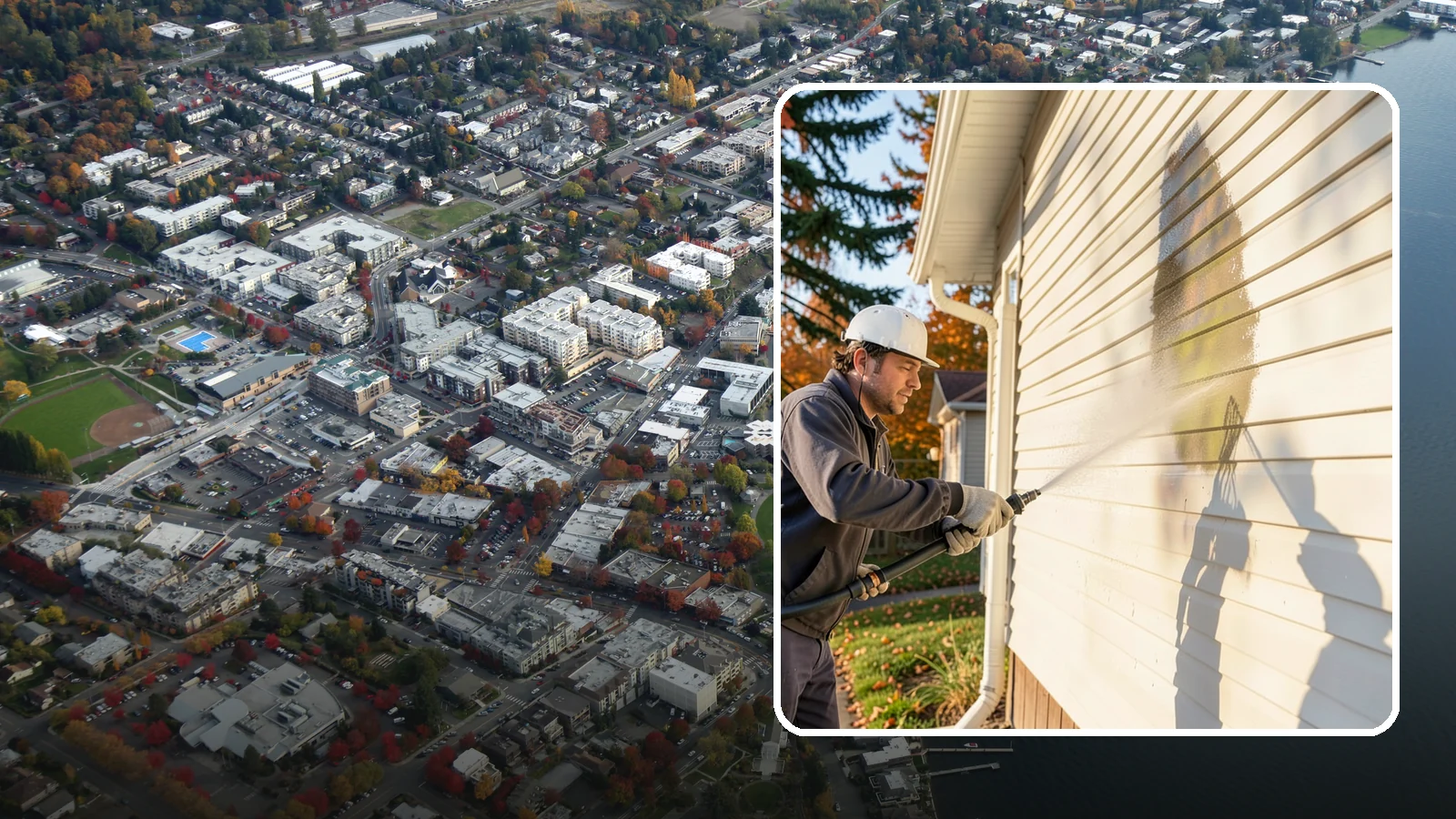 Vinyl Siding Washing in Kirkland, King County, WA - Vinyl siding washing clears the chalky oxidation and green algae streaks that our wet climate leaves on panel seams and shaded...