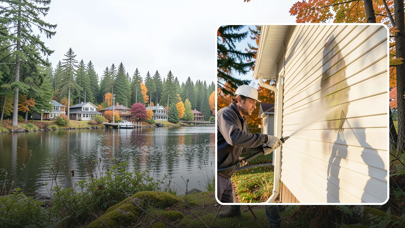 Vinyl Siding Washing in La Conner, Skagit County, WA - Vinyl siding washing clears the chalky oxidation and green algae streaks that our wet climate leaves on panel seams and shaded...