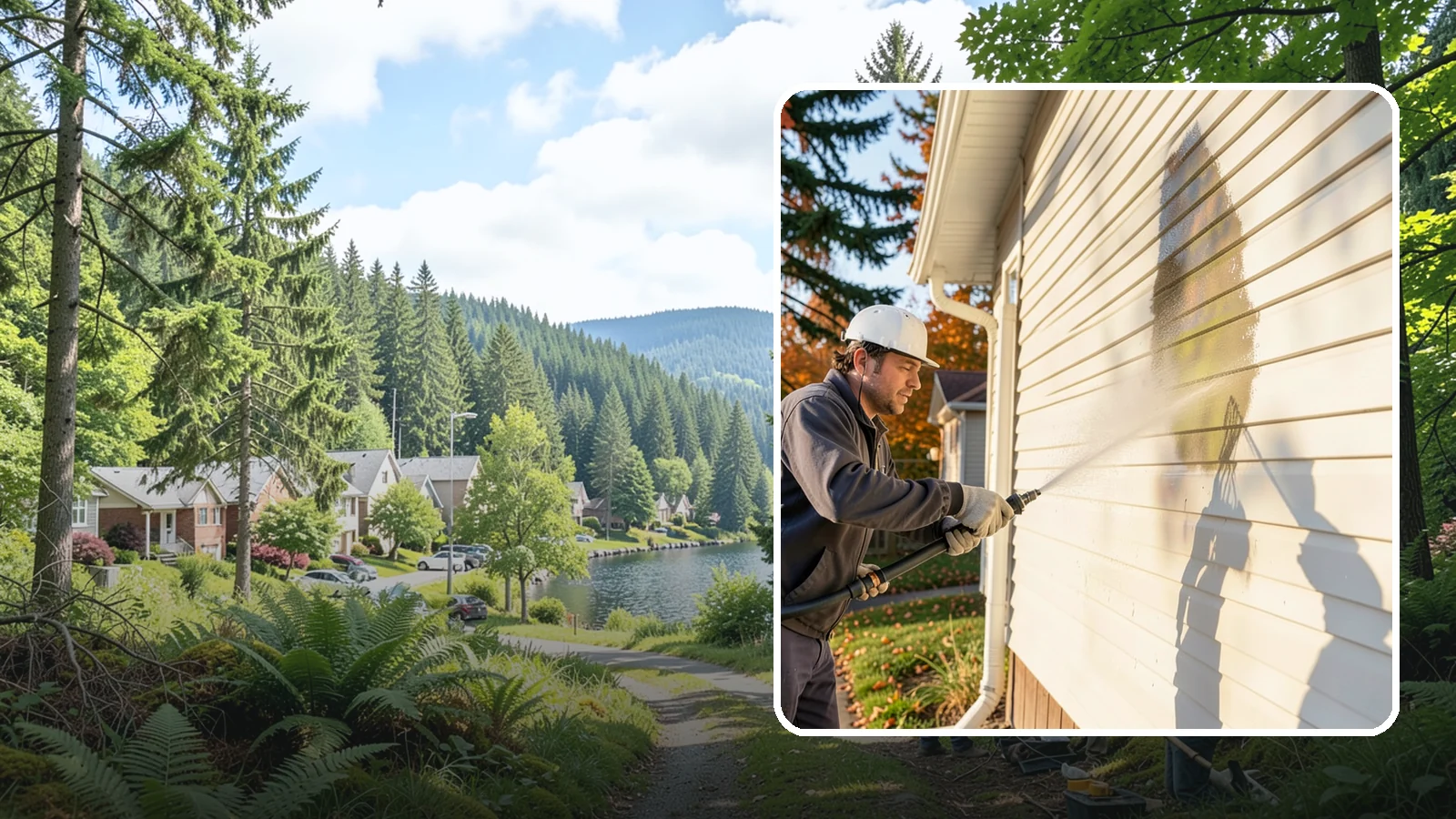 Vinyl Siding Washing in Lake Forest Park, King County, WA - Vinyl siding washing clears the chalky oxidation and green algae streaks that our wet climate leaves on panel seams and shaded...