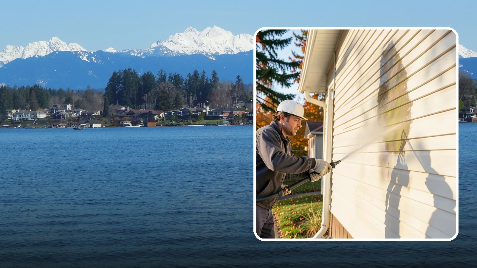 Vinyl Siding Washing in Lake Stevens, Snohomish County, WA - Vinyl siding washing clears the chalky oxidation and green algae streaks that our wet climate leaves on panel seams and shaded...