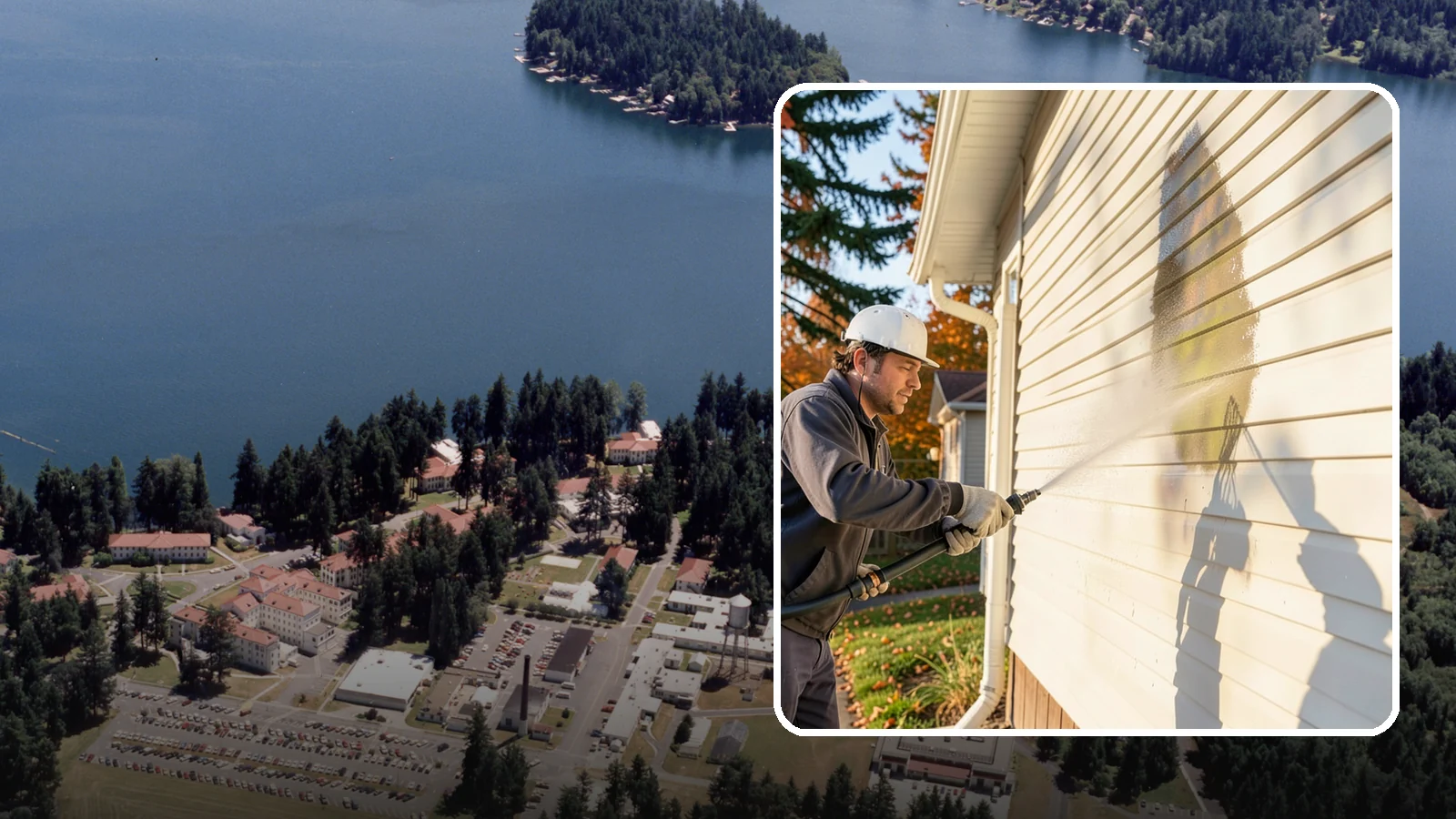 Vinyl Siding Washing in Lakewood, Pierce County, WA - Vinyl siding washing clears the chalky oxidation and green algae streaks that our wet climate leaves on panel seams and shaded...