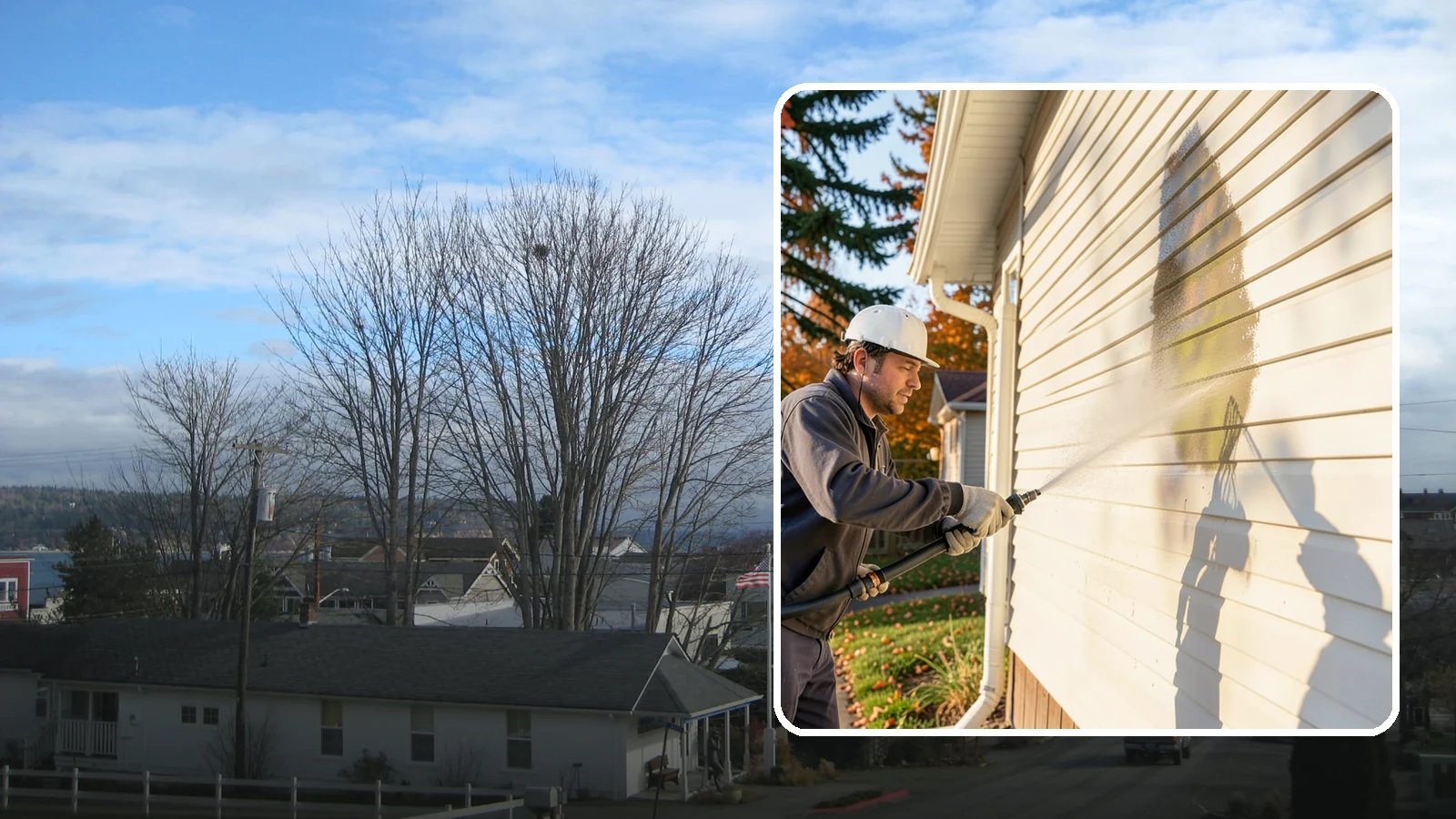 Vinyl Siding Washing in Langley, Island County, WA - Vinyl siding washing clears the chalky oxidation and green algae streaks that our wet climate leaves on panel seams and shaded...