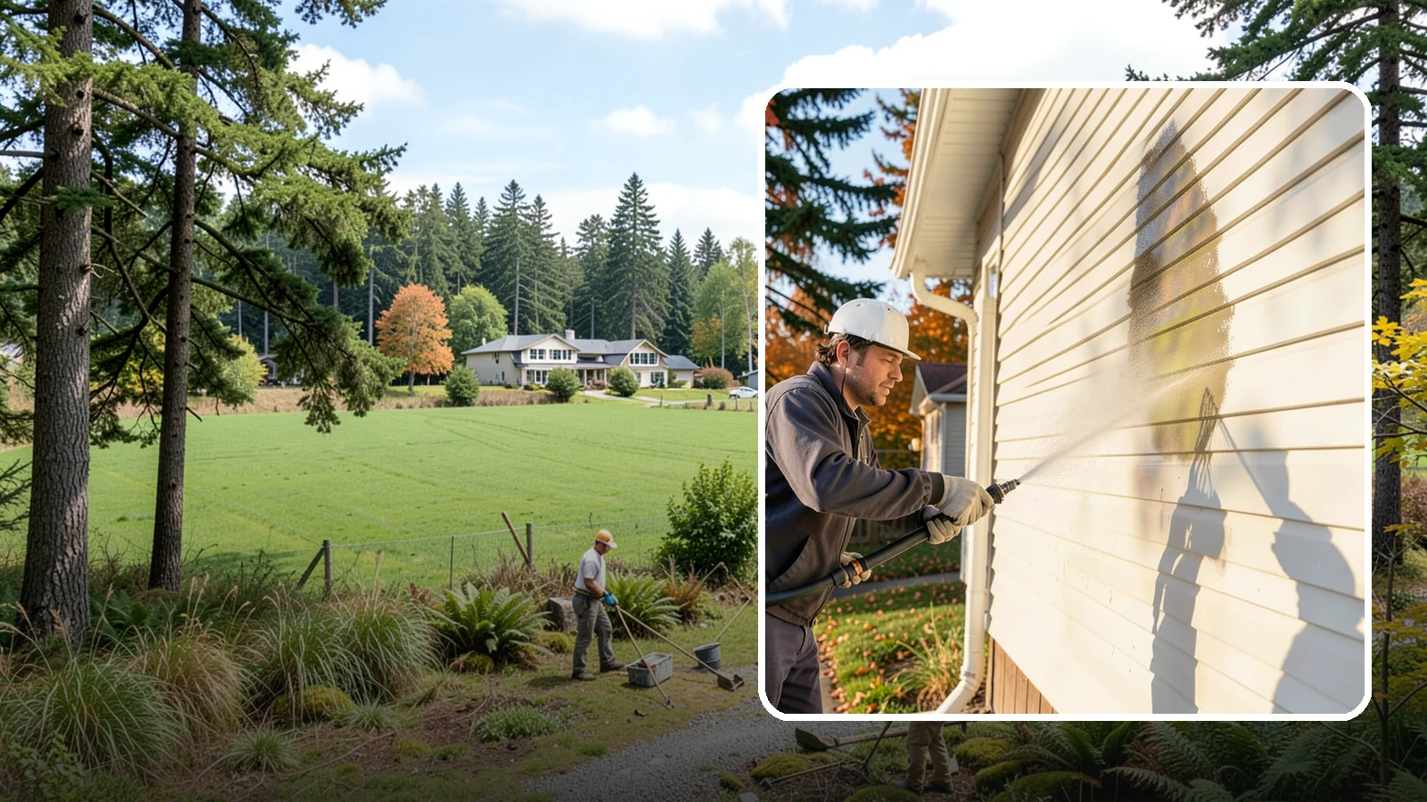 Vinyl Siding Washing in Lyman, Skagit County, WA - Vinyl siding washing clears the chalky oxidation and green algae streaks that our wet climate leaves on panel seams and shaded...