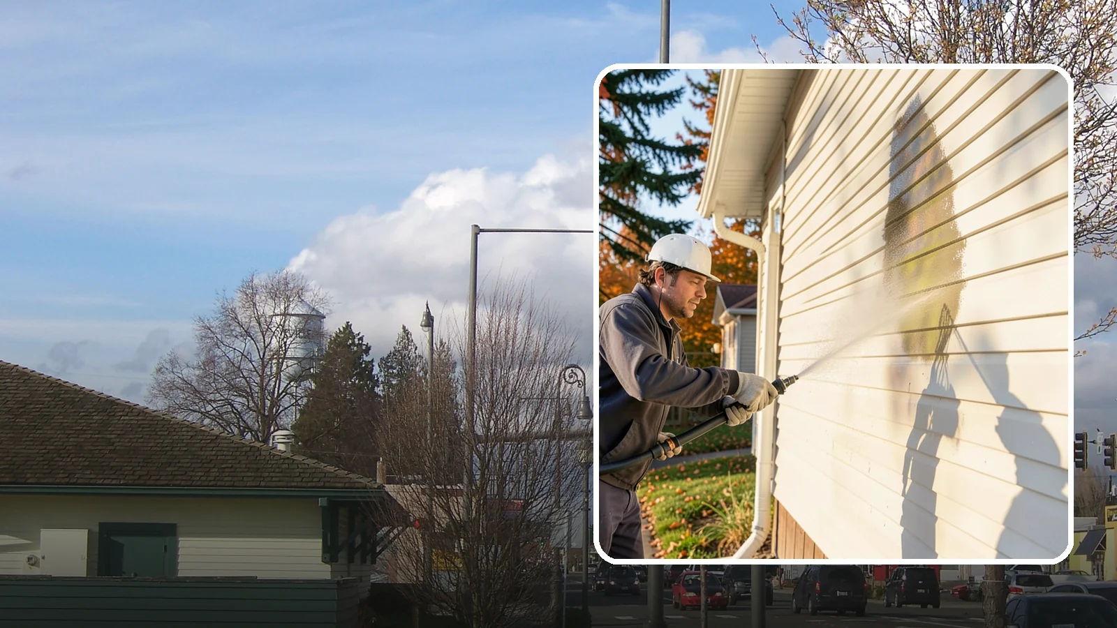 Vinyl Siding Washing in Marysville, Snohomish County, WA - Vinyl siding washing clears the chalky oxidation and green algae streaks that our wet climate leaves on panel seams and shaded...
