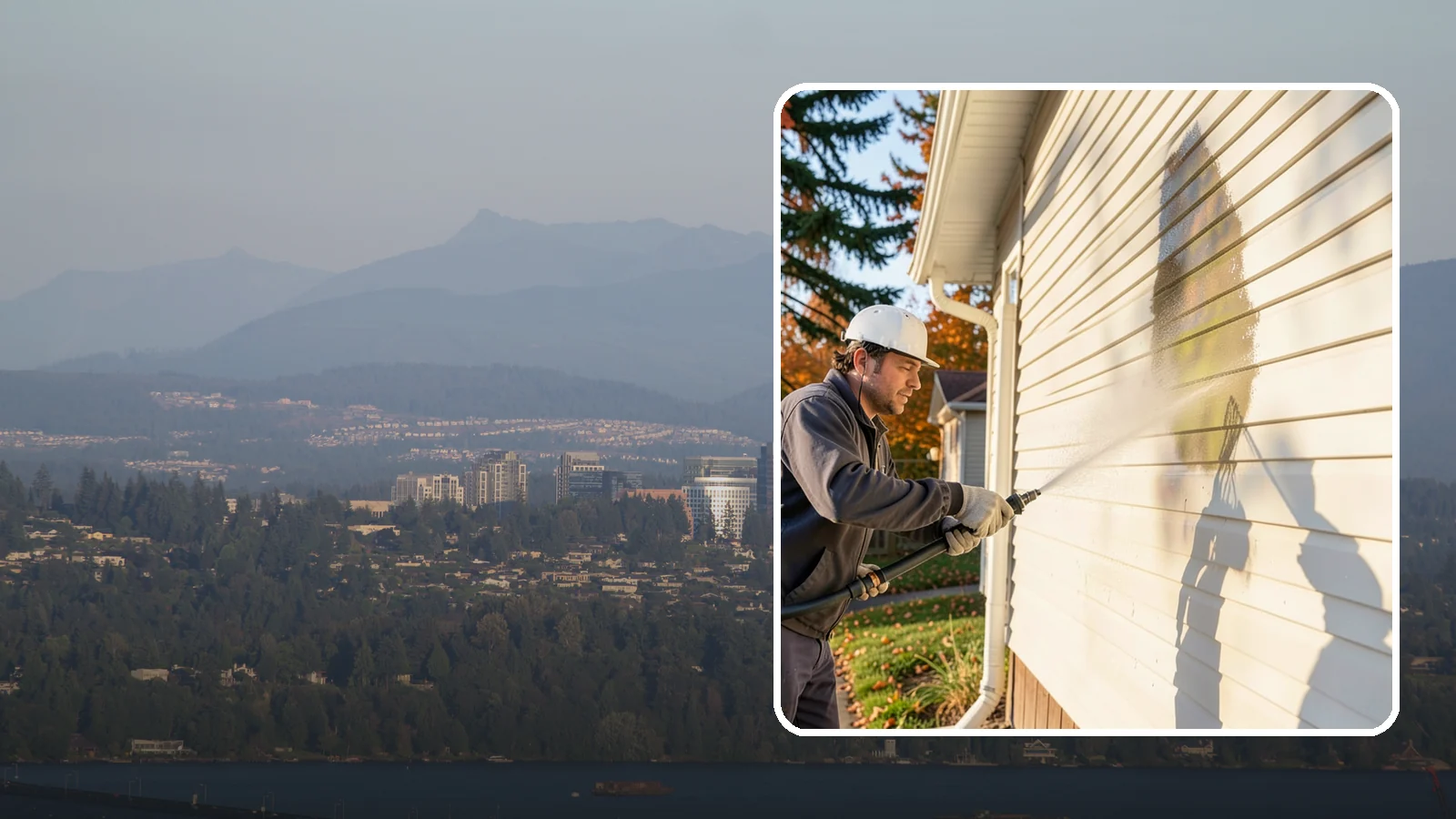 Vinyl Siding Washing in Medina, King County, WA - Vinyl siding washing clears the chalky oxidation and green algae streaks that our wet climate leaves on panel seams and shaded...