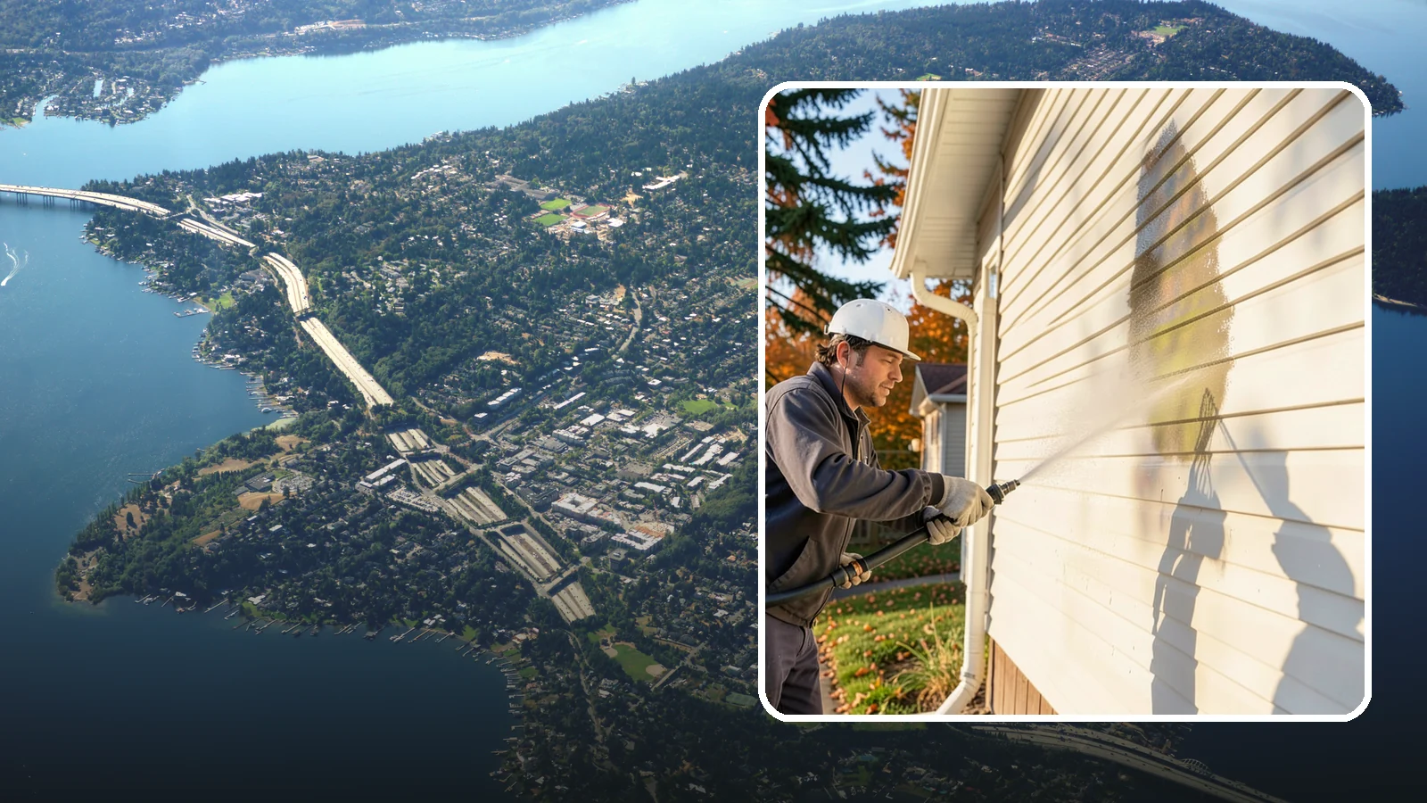 Vinyl Siding Washing in Mercer Island, King County, WA - Vinyl siding washing clears the chalky oxidation and green algae streaks that our wet climate leaves on panel seams and shaded...
