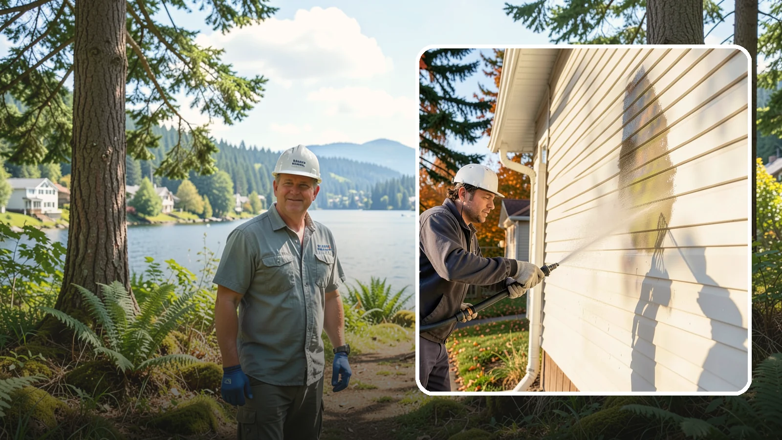 Vinyl Siding Washing in Milton, King County, WA - Vinyl siding washing clears the chalky oxidation and green algae streaks that our wet climate leaves on panel seams and shaded...
