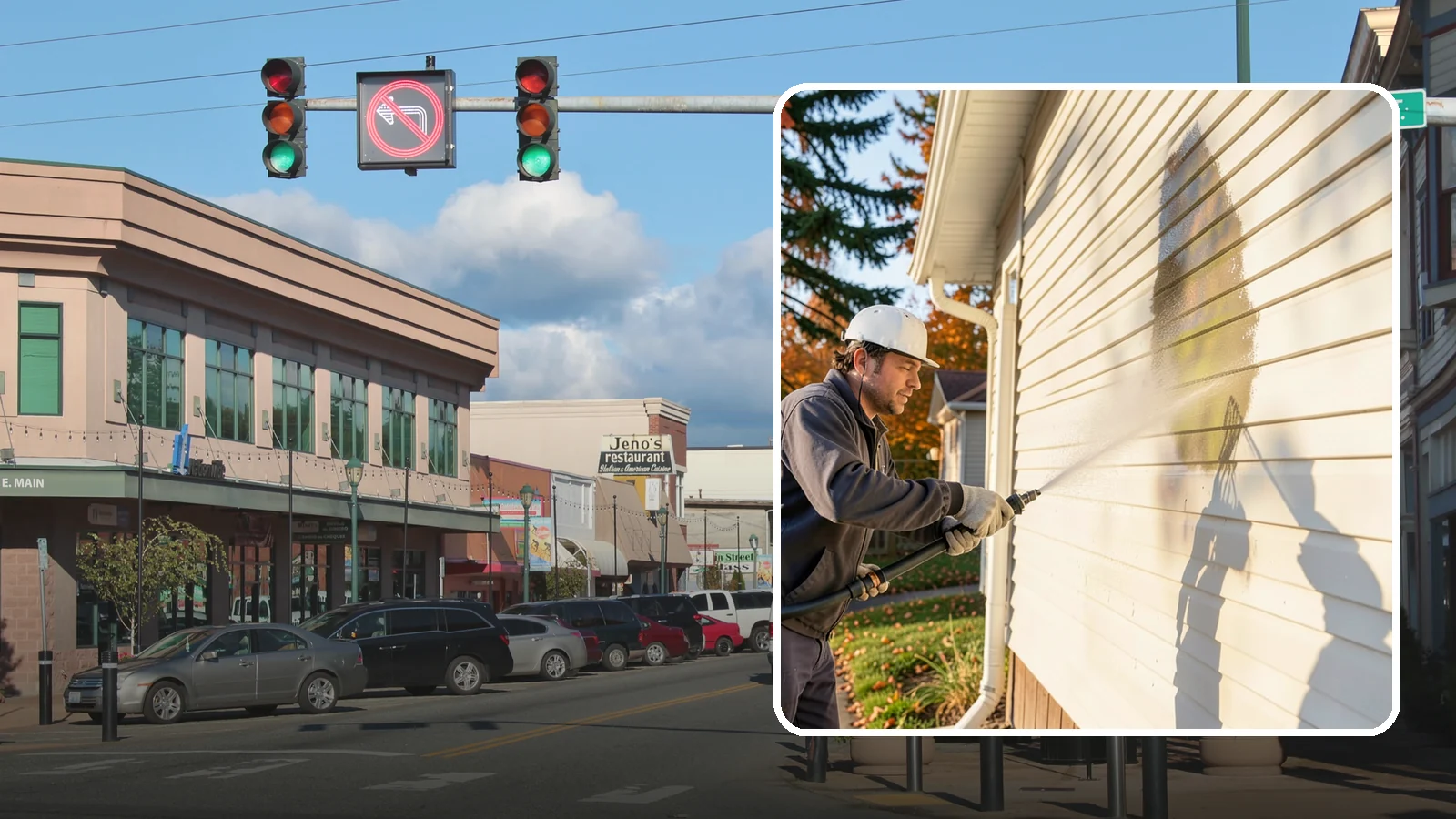 Vinyl Siding Washing in Monroe, Snohomish County, WA - Vinyl siding washing clears the chalky oxidation and green algae streaks that our wet climate leaves on panel seams and shaded...