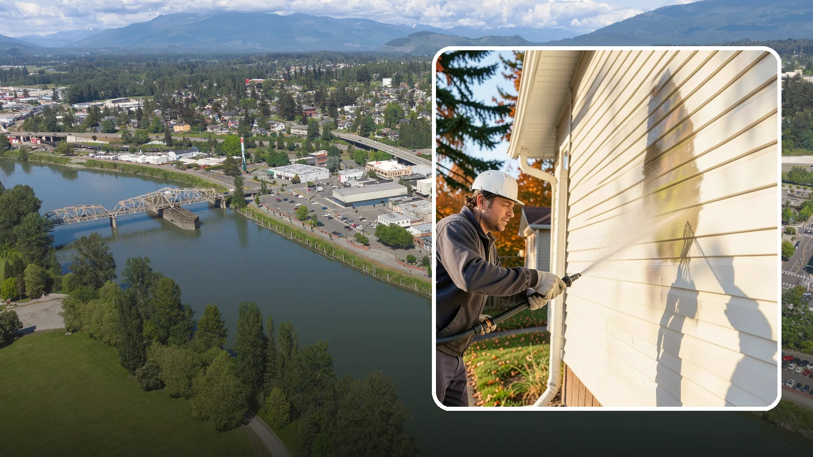 Vinyl Siding Washing in Mount Vernon, Skagit County, WA - Vinyl siding washing clears the chalky oxidation and green algae streaks that our wet climate leaves on panel seams and shaded...