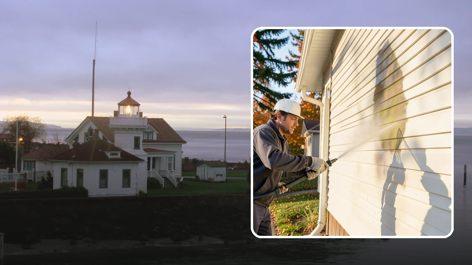 Vinyl Siding Washing in Mukilteo, Snohomish County, WA - Vinyl siding washing clears the chalky oxidation and green algae streaks that our wet climate leaves on panel seams and shaded...