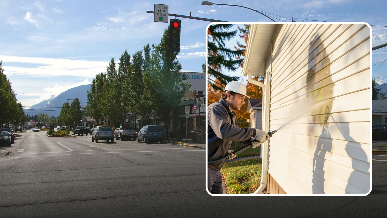 Vinyl Siding Washing in North Bend, King County, WA - Vinyl siding washing clears the chalky oxidation and green algae streaks that our wet climate leaves on panel seams and shaded...