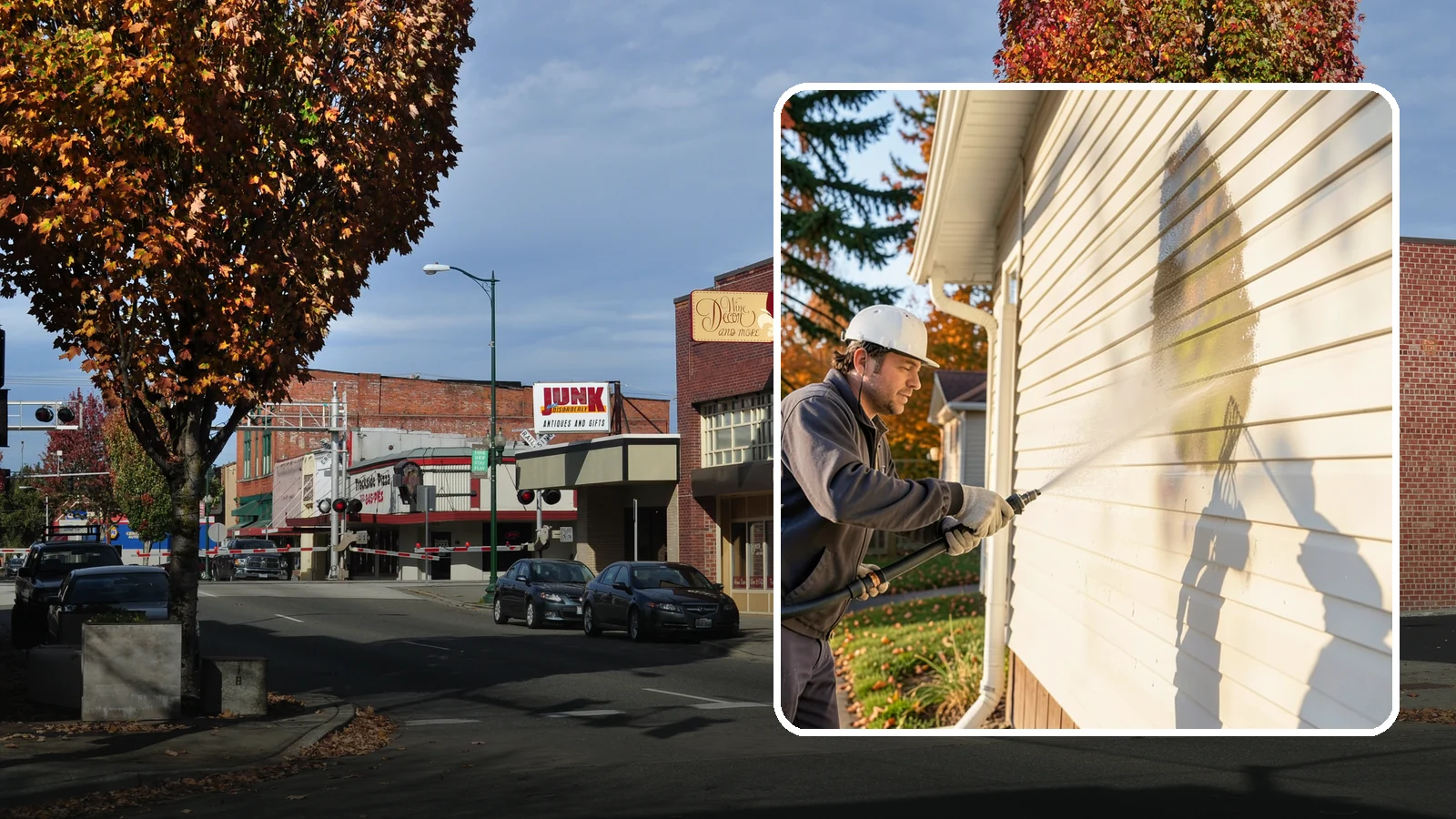 Vinyl Siding Washing in Puyallup, Pierce County, WA - Vinyl siding washing clears the chalky oxidation and green algae streaks that our wet climate leaves on panel seams and shaded...