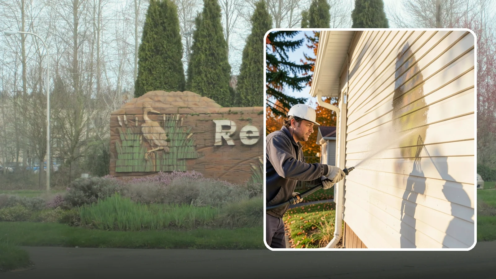 Vinyl Siding Washing in Renton, King County, WA - Vinyl siding washing clears the chalky oxidation and green algae streaks that our wet climate leaves on panel seams and shaded...