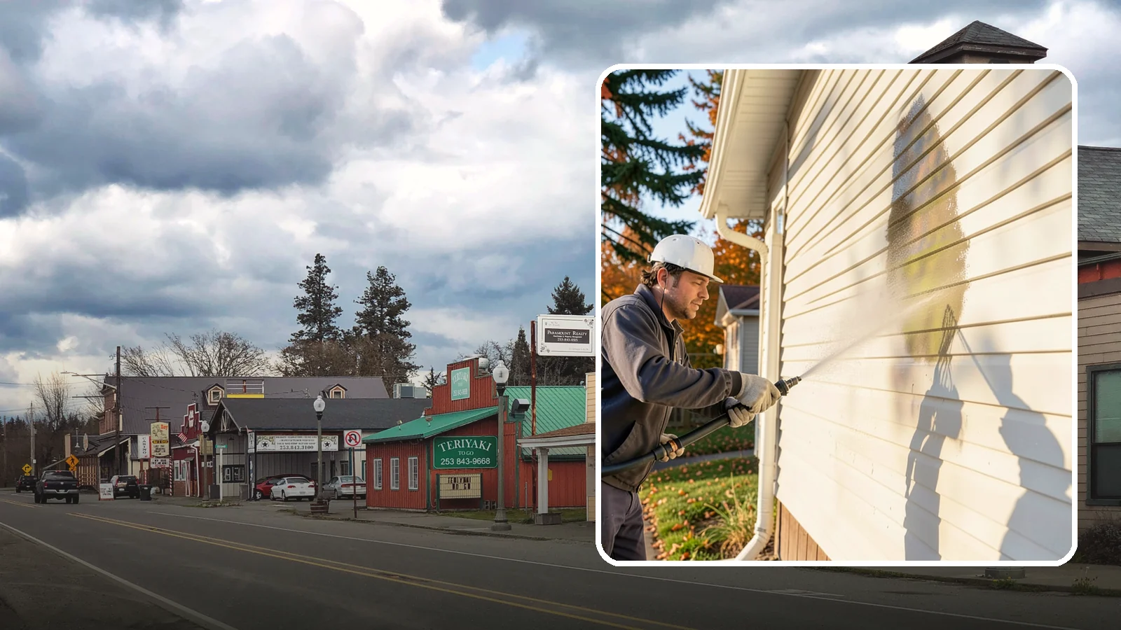 Vinyl Siding Washing in Roy, Pierce County, WA - Vinyl siding washing clears the chalky oxidation and green algae streaks that our wet climate leaves on panel seams and shaded...