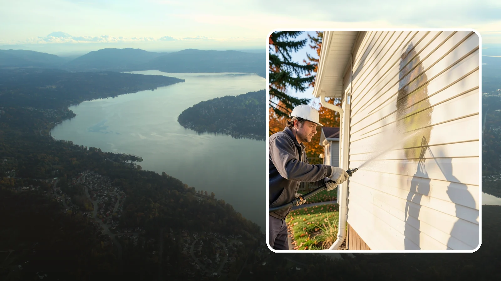 Vinyl Siding Washing in Sammamish, King County, WA - Vinyl siding washing clears the chalky oxidation and green algae streaks that our wet climate leaves on panel seams and shaded...