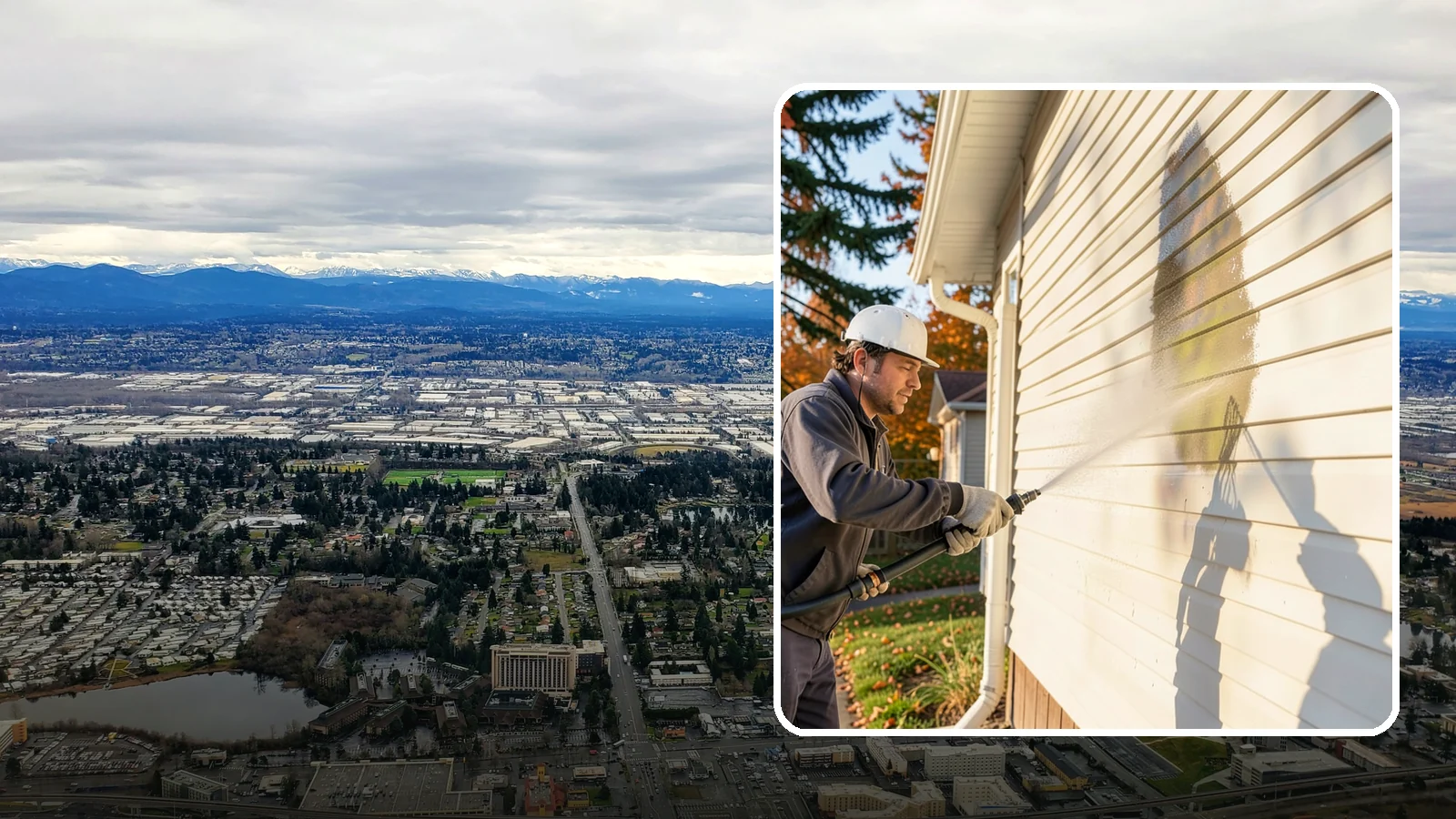 Vinyl Siding Washing in SeaTac, King County, WA - Vinyl siding washing clears the chalky oxidation and green algae streaks that our wet climate leaves on panel seams and shaded...
