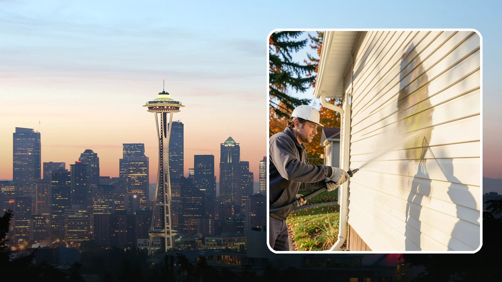 Vinyl Siding Washing in Seattle, King County, WA - Vinyl siding washing clears the chalky oxidation and green algae streaks that our wet climate leaves on panel seams and shaded...