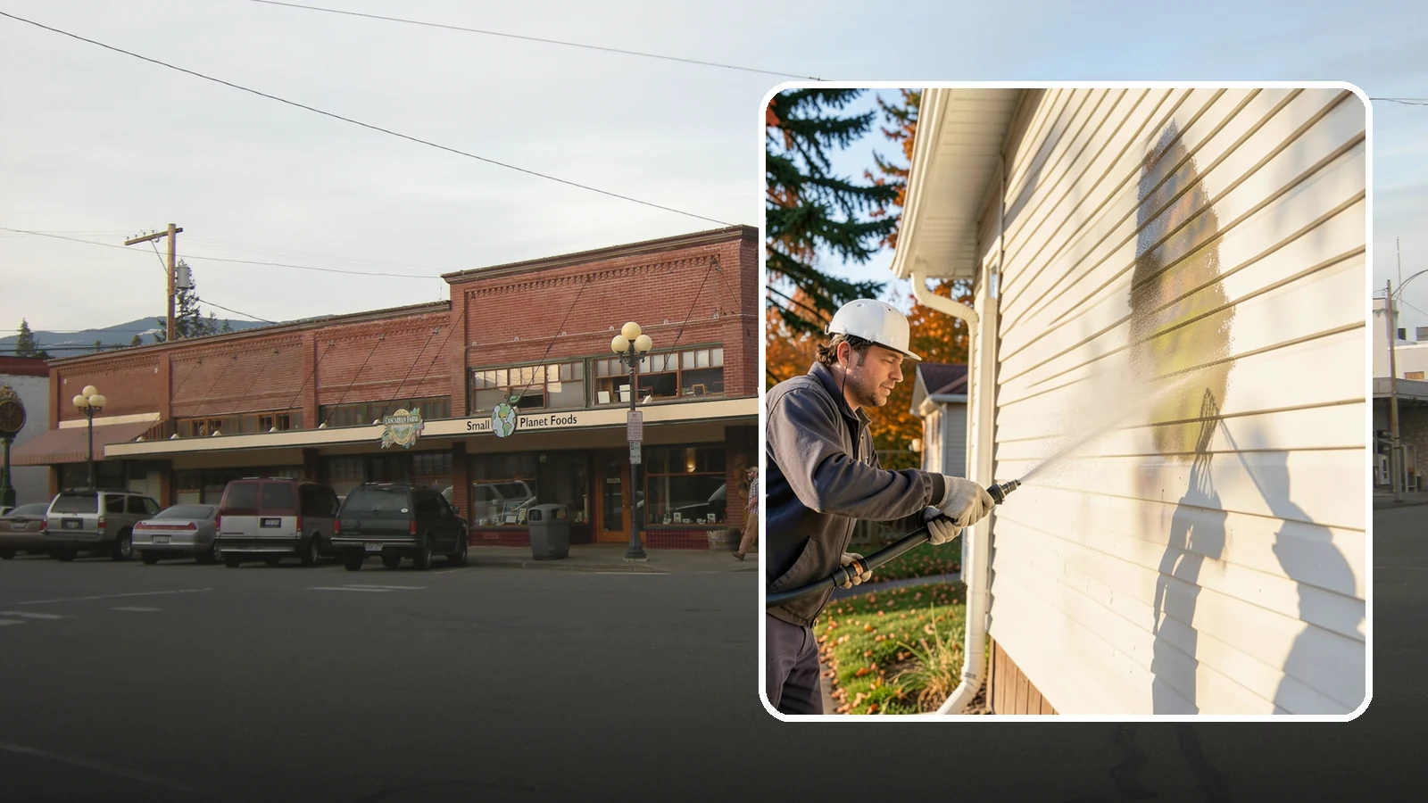 Vinyl Siding Washing in Sedro-Woolley, Skagit County, WA - Vinyl siding washing clears the chalky oxidation and green algae streaks that our wet climate leaves on panel seams and shaded...