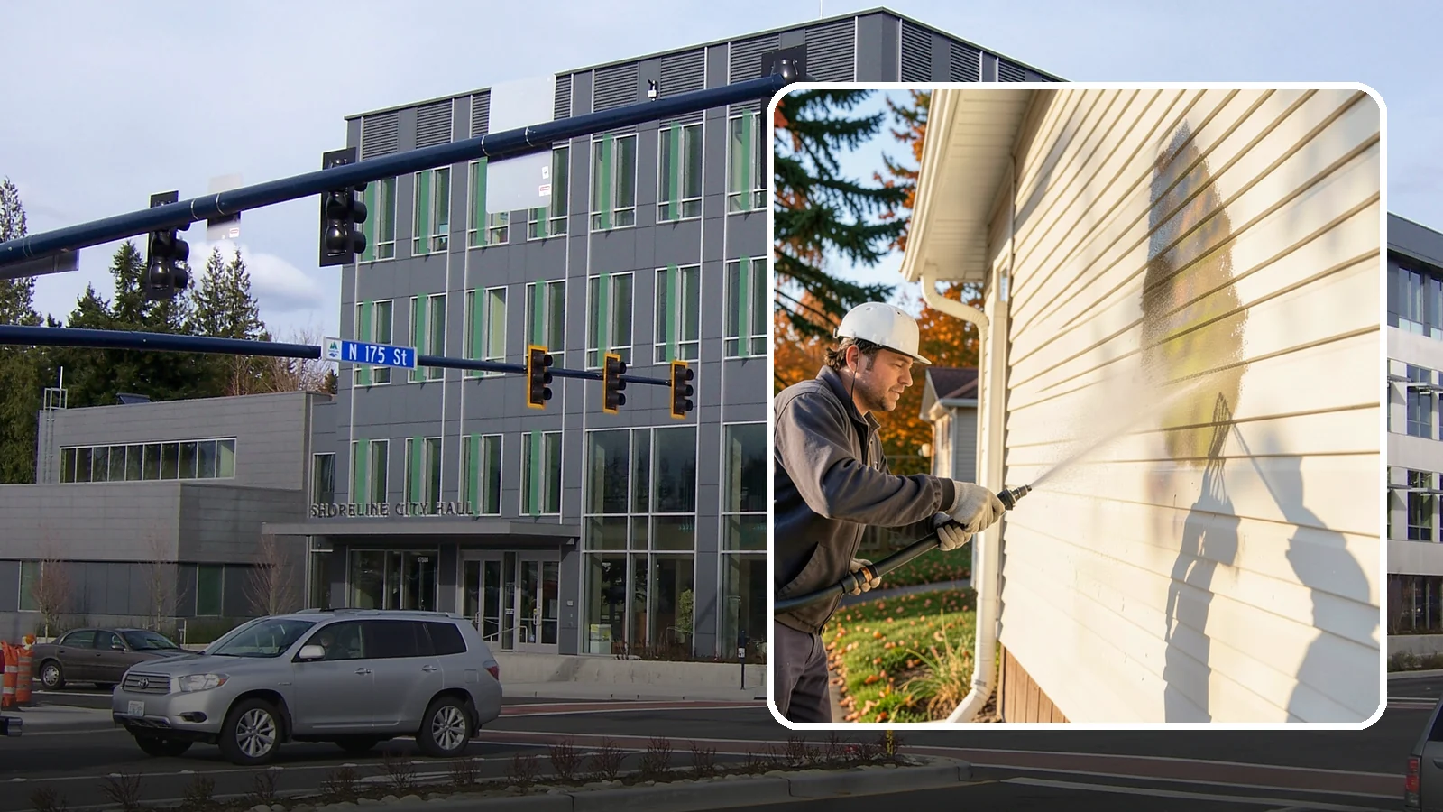 Vinyl Siding Washing in Shoreline, King County, WA - Vinyl siding washing clears the chalky oxidation and green algae streaks that our wet climate leaves on panel seams and shaded...