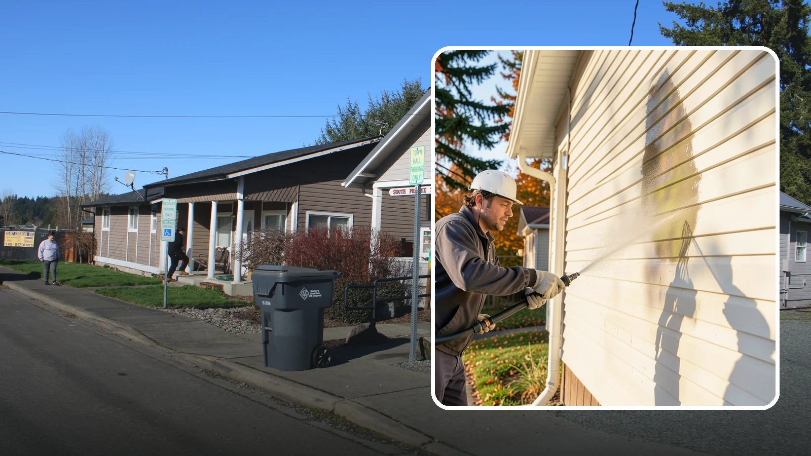 Vinyl Siding Washing in South Prairie, Pierce County, WA - Vinyl siding washing clears the chalky oxidation and green algae streaks that our wet climate leaves on panel seams and shaded...