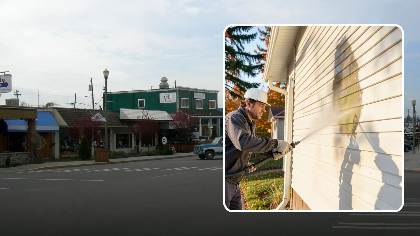 Vinyl Siding Washing in Stanwood, Snohomish County, WA - Vinyl siding washing clears the chalky oxidation and green algae streaks that our wet climate leaves on panel seams and shaded...